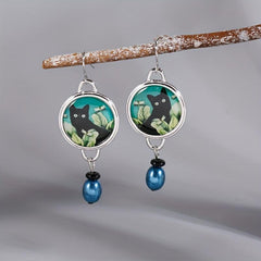 Cat Flower Dangle Earrings Green Pearl Round Alloy Earrings