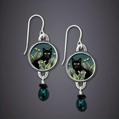 Cat Flower Dangle Earrings Green Pearl Round Alloy Earrings