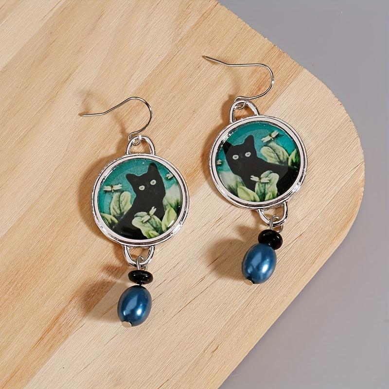 Cat Flower Dangle Earrings Green Pearl Round Alloy Earrings