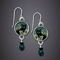 Cat Flower Dangle Earrings Green Pearl Round Alloy Earrings