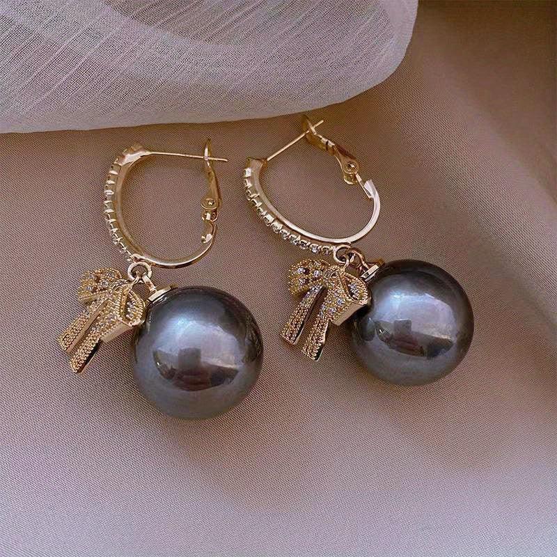 Hollow Bow Faux Pearl Decor Dangle Earrings Zircon Inlaid