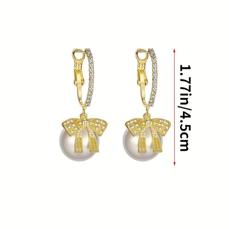 Hollow Bow Faux Pearl Decor Dangle Earrings Zircon Inlaid