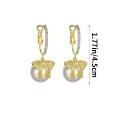 Hollow Bow Faux Pearl Decor Dangle Earrings Zircon Inlaid