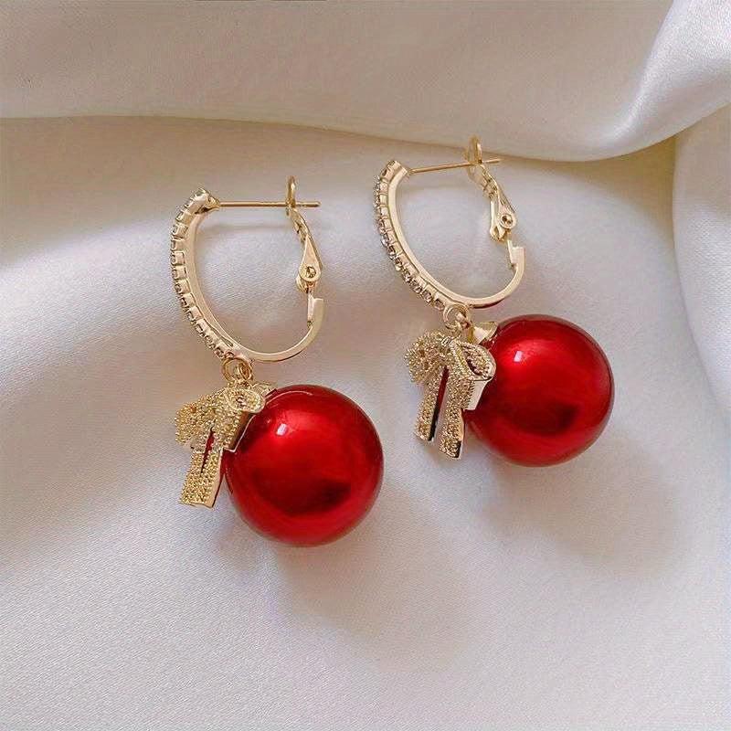 Hollow Bow Faux Pearl Decor Dangle Earrings Zircon Inlaid