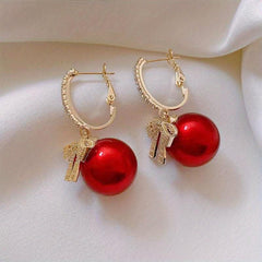 Hollow Bow Faux Pearl Decor Dangle Earrings Zircon Inlaid