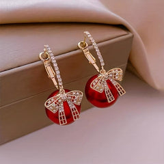Hollow Bow Faux Pearl Decor Dangle Earrings Zircon Inlaid