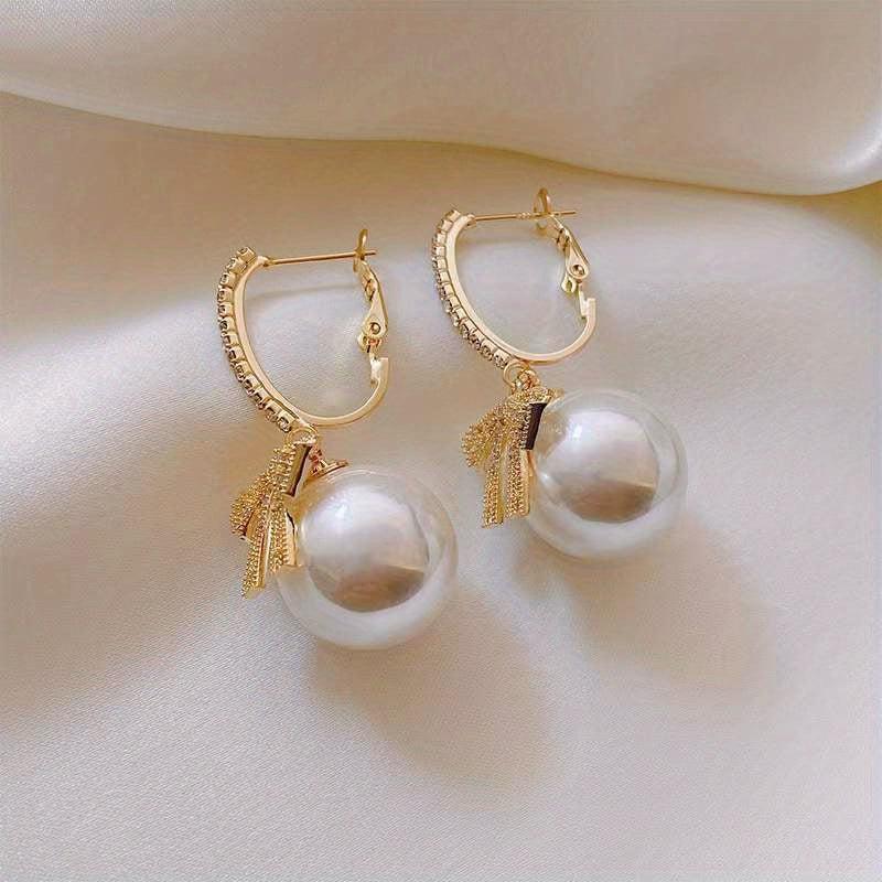 Hollow Bow Faux Pearl Decor Dangle Earrings Zircon Inlaid