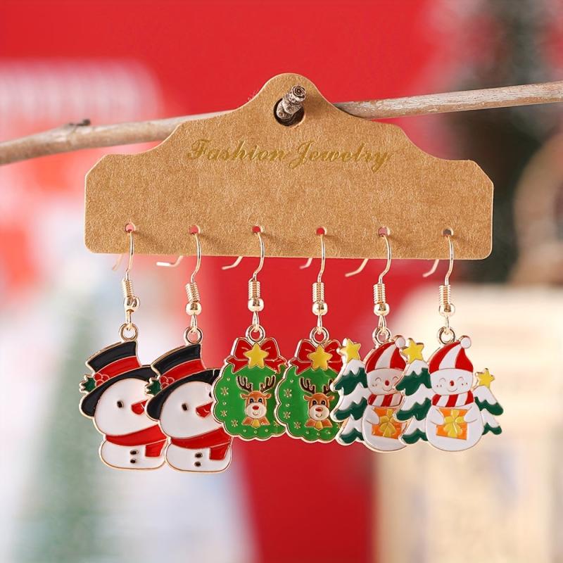 3 Pairs Set Snowman Elk Tree Enamel Dangle Earrings Cute Female Gift
