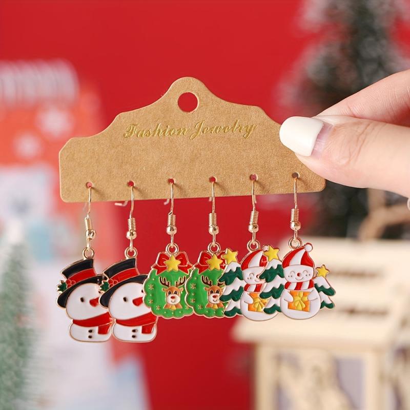 3 Pairs Set Snowman Elk Tree Enamel Dangle Earrings Cute Female Gift