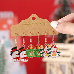 3 Pairs Set Snowman Elk Tree Enamel Dangle Earrings Cute Female Gift