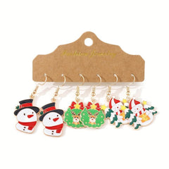 3 Pairs Set Snowman Elk Tree Enamel Dangle Earrings Cute Female Gift