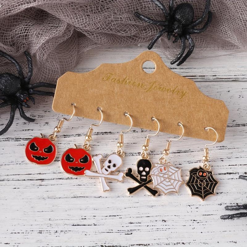 Halloween Pumpkin Skull Spider Web Enamel Earrings Set