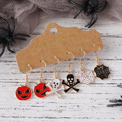 Halloween Pumpkin Skull Spider Web Enamel Earrings Set