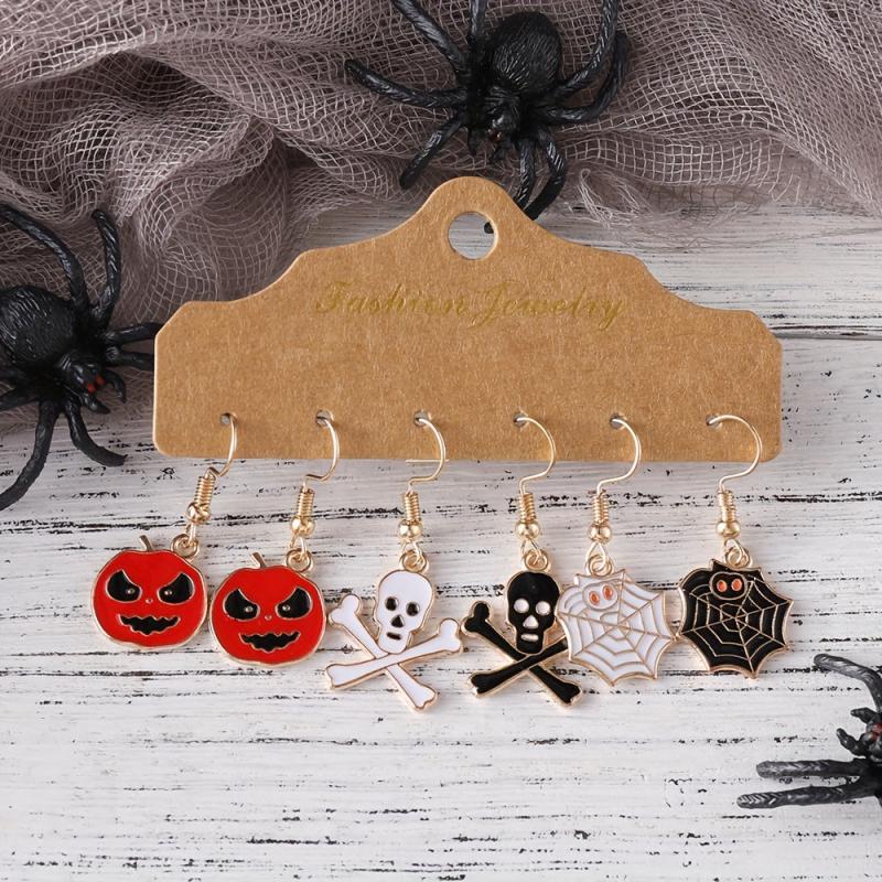 Halloween Pumpkin Skull Spider Web Enamel Earrings Set