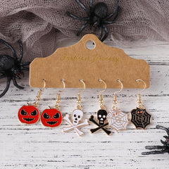 Halloween Pumpkin Skull Spider Web Enamel Earrings Set
