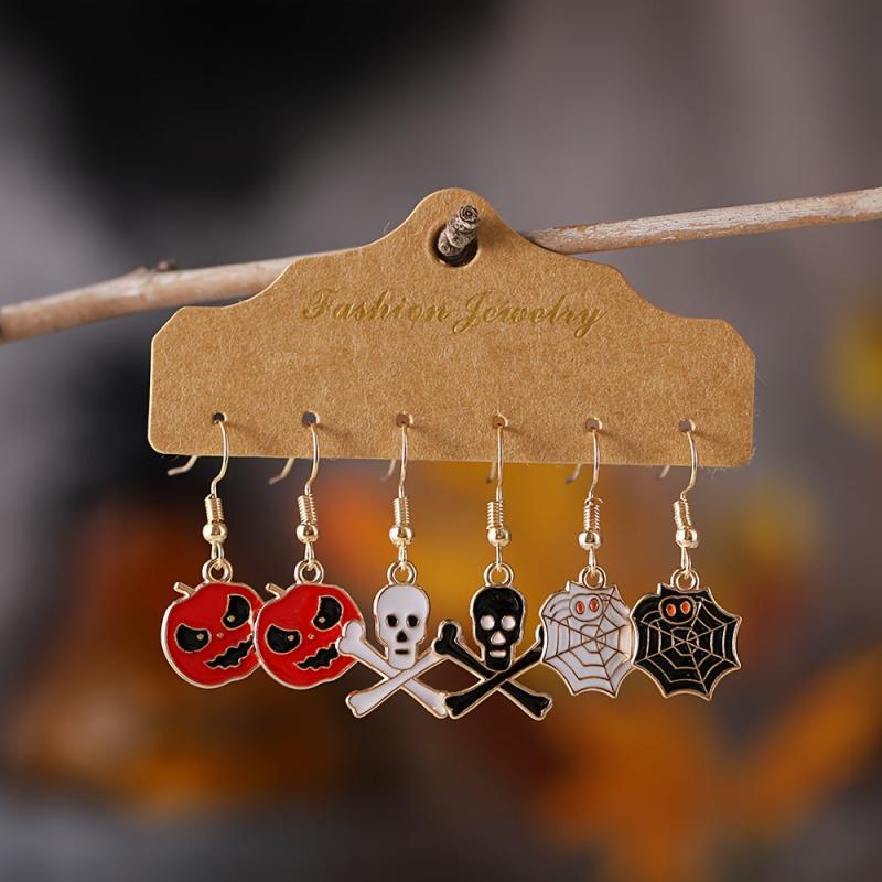 Halloween Pumpkin Skull Spider Web Enamel Earrings Set