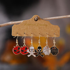 Halloween Pumpkin Skull Spider Web Enamel Earrings Set