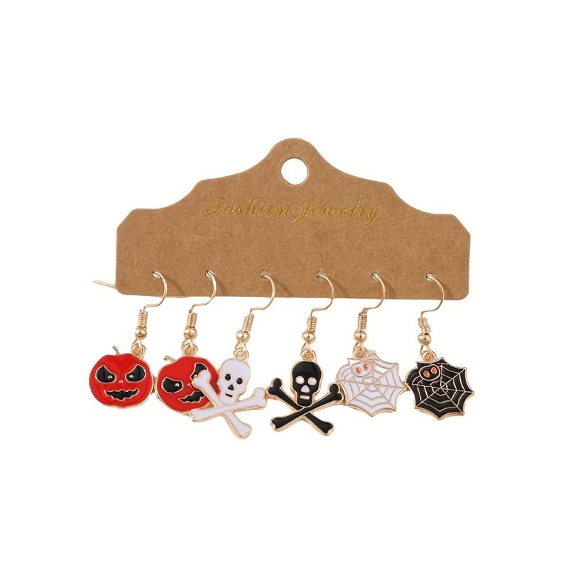 Halloween Pumpkin Skull Spider Web Enamel Earrings Set