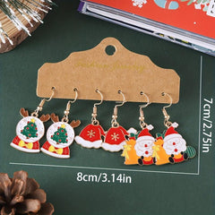 3 Pairs Set Christmas Elk Hat Santa Claus Enamel Dangle Earrings