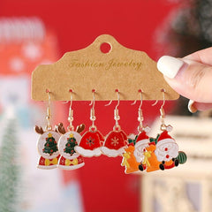3 Pairs Set Christmas Elk Hat Santa Claus Enamel Dangle Earrings