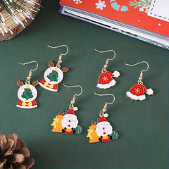 3 Pairs Set Christmas Elk Hat Santa Claus Enamel Dangle Earrings