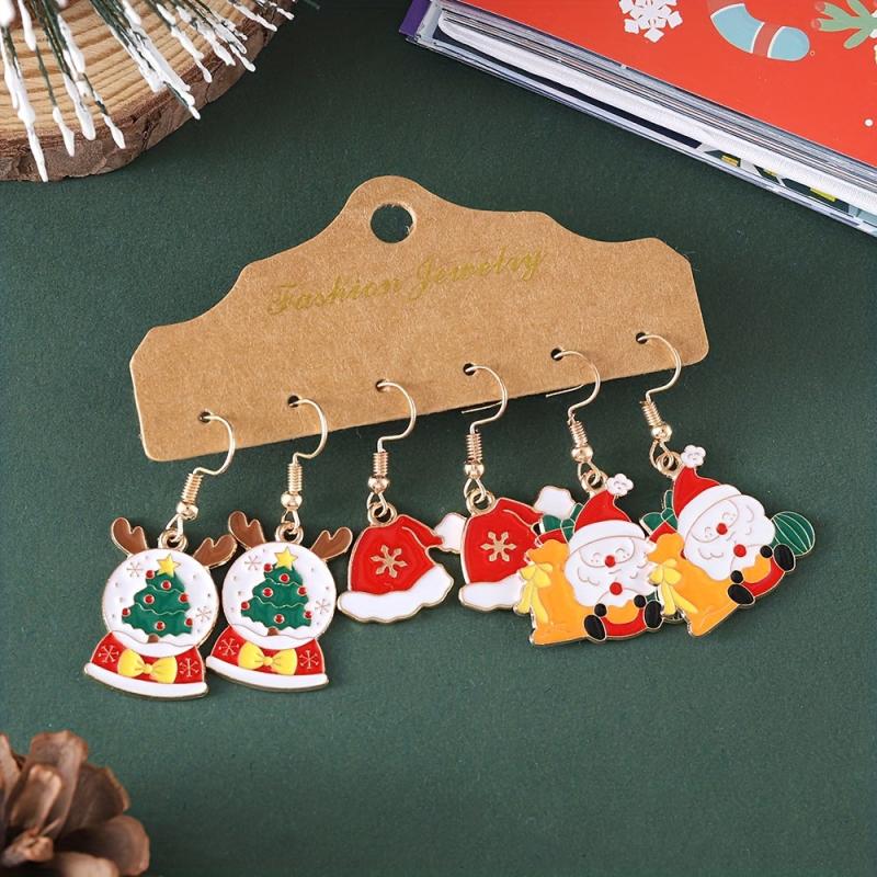 3 Pairs Set Christmas Elk Hat Santa Claus Enamel Dangle Earrings