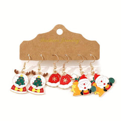3 Pairs Set Christmas Elk Hat Santa Claus Enamel Dangle Earrings