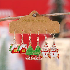 3 Pairs Set Enamel Dangle Earrings Christmas Retro Style Adorable Gift