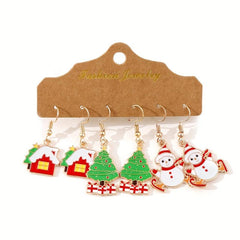 3 Pairs Set Enamel Dangle Earrings Christmas Retro Style Adorable Gift