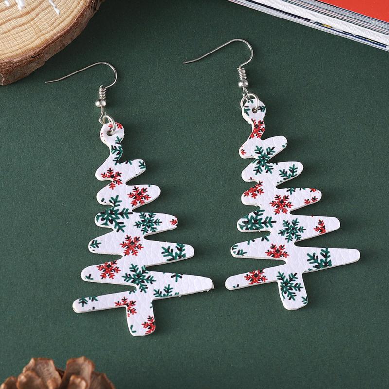 Christmas Tree & Snowflake Dangle Earrings Set, Retro Style PU Leather Jewelry