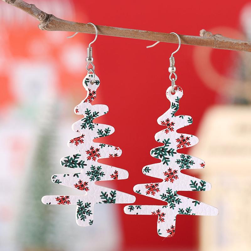 Christmas Tree & Snowflake Dangle Earrings Set, Retro Style PU Leather Jewelry