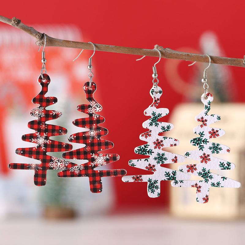 Christmas Tree & Snowflake Dangle Earrings Set, Retro Style PU Leather Jewelry