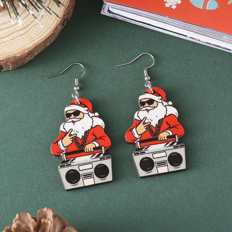 Santa Claus Dangle Earrings Retro Cartoon Style Wooden Jewelry Gift