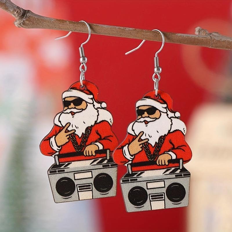 Santa Claus Dangle Earrings Retro Cartoon Style Wooden Jewelry Gift
