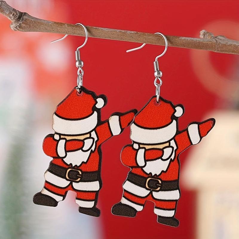 Santa Claus Dangle Earrings Retro Cartoon Style Wooden Jewelry Gift