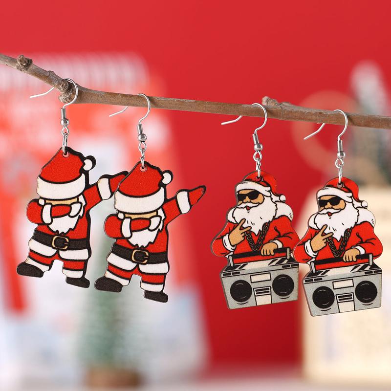 Santa Claus Dangle Earrings Retro Cartoon Style Wooden Jewelry Gift