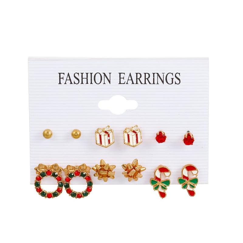 6 Pairs Christmas Stud Earrings Santa Snowflake Elk Cane Cartoon Style Cute Gift