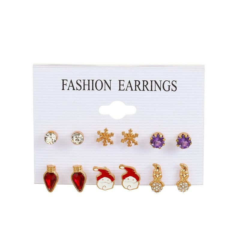 6 Pairs Christmas Stud Earrings Santa Snowflake Elk Cane Cartoon Style Cute Gift