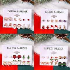 6 Pairs Christmas Stud Earrings Santa Snowflake Elk Cane Cartoon Style Cute Gift