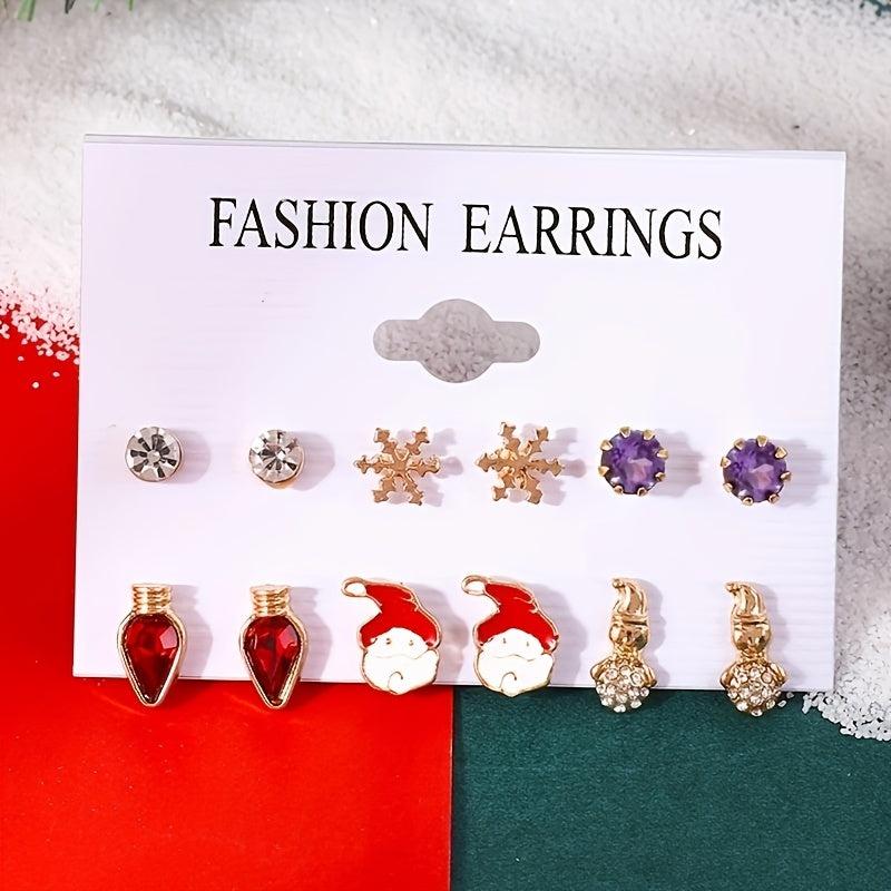 6 Pairs Christmas Stud Earrings Santa Snowflake Elk Cane Cartoon Style Cute Gift