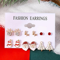 6 Pairs Christmas Stud Earrings Santa Snowflake Elk Cane Cartoon Style Cute Gift