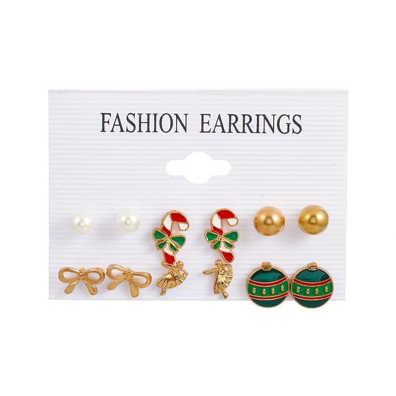 6 Pairs Christmas Stud Earrings Santa Snowflake Elk Cane Cartoon Style Cute Gift
