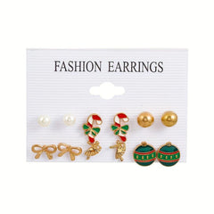 6 Pairs Christmas Stud Earrings Santa Snowflake Elk Cane Cartoon Style Cute Gift