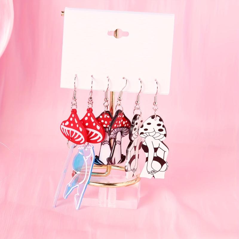 3 Pairs Halloween Mushroom Dangle Earrings Set