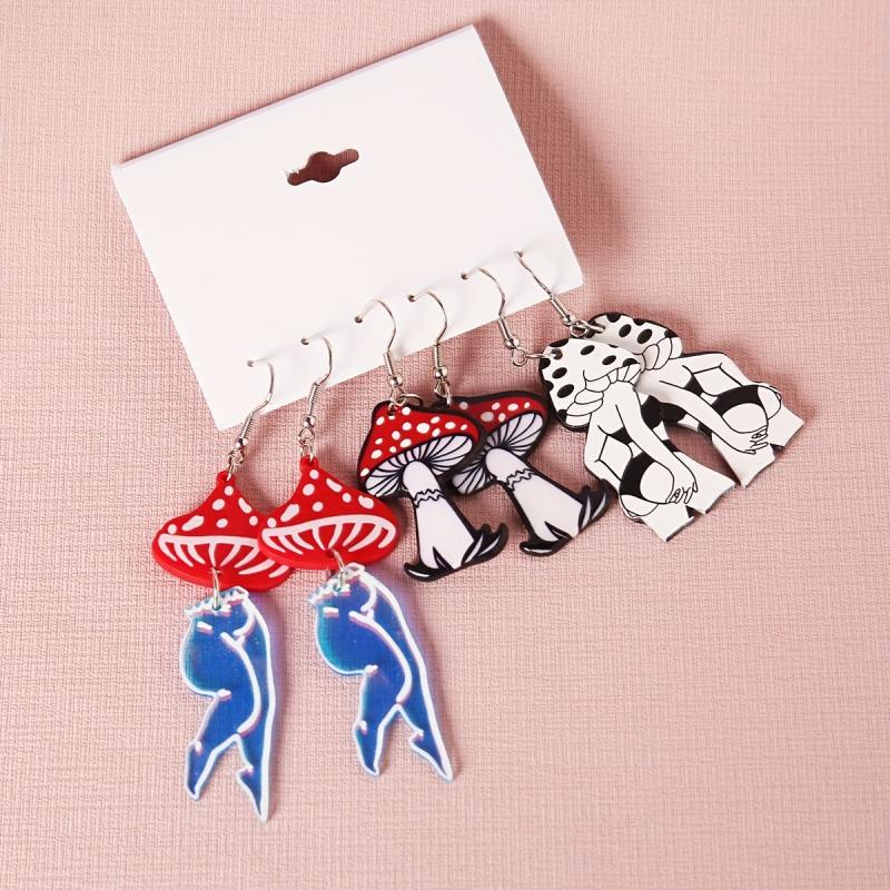 3 Pairs Halloween Mushroom Dangle Earrings Set