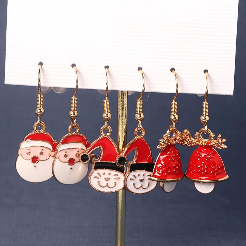 3 Pairs Christmas Enamel Dangle Earrings Santa Elk Cat Cartoon Style Gift
