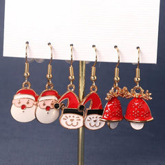 3 Pairs Christmas Enamel Dangle Earrings Santa Elk Cat Cartoon Style Gift