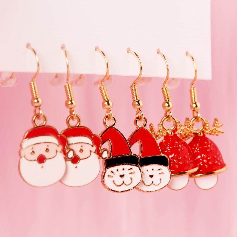 3 Pairs Christmas Enamel Dangle Earrings Santa Elk Cat Cartoon Style Gift