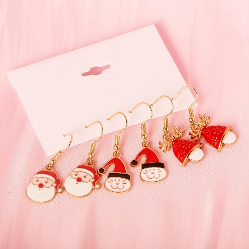 3 Pairs Christmas Enamel Dangle Earrings Santa Elk Cat Cartoon Style Gift