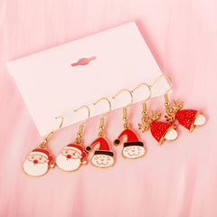 3 Pairs Christmas Enamel Dangle Earrings Santa Elk Cat Cartoon Style Gift